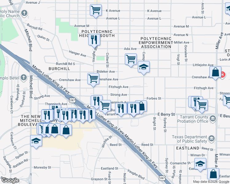map of restaurants, bars, coffee shops, grocery stores, and more near 3401 Strong Avenue in Fort Worth