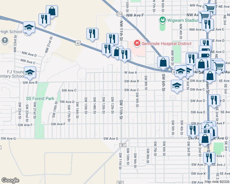 map of restaurants, bars, coffee shops, grocery stores, and more near 300 Southwest 12th Street in Seminole