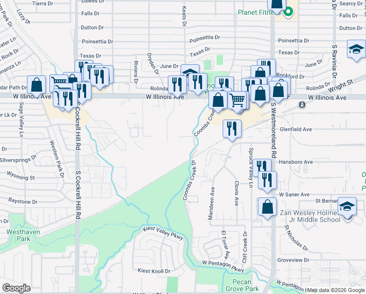 map of restaurants, bars, coffee shops, grocery stores, and more near 2809 Coombs Creek Drive in Dallas