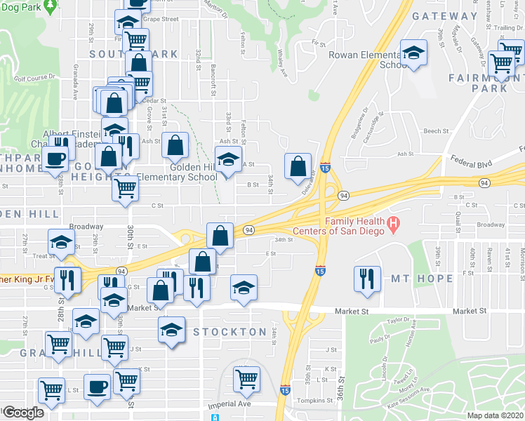 map of restaurants, bars, coffee shops, grocery stores, and more near 3373 C St in San Diego