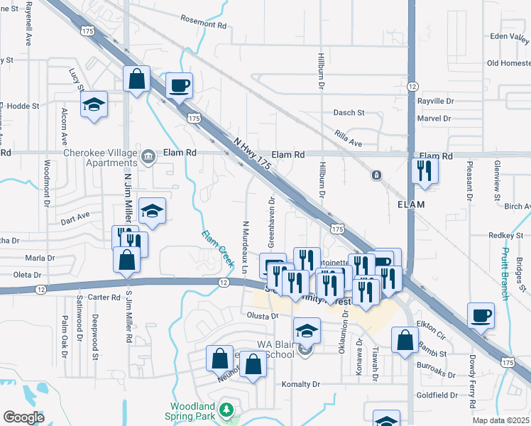 map of restaurants, bars, coffee shops, grocery stores, and more near 315 Greenhaven Drive in Dallas