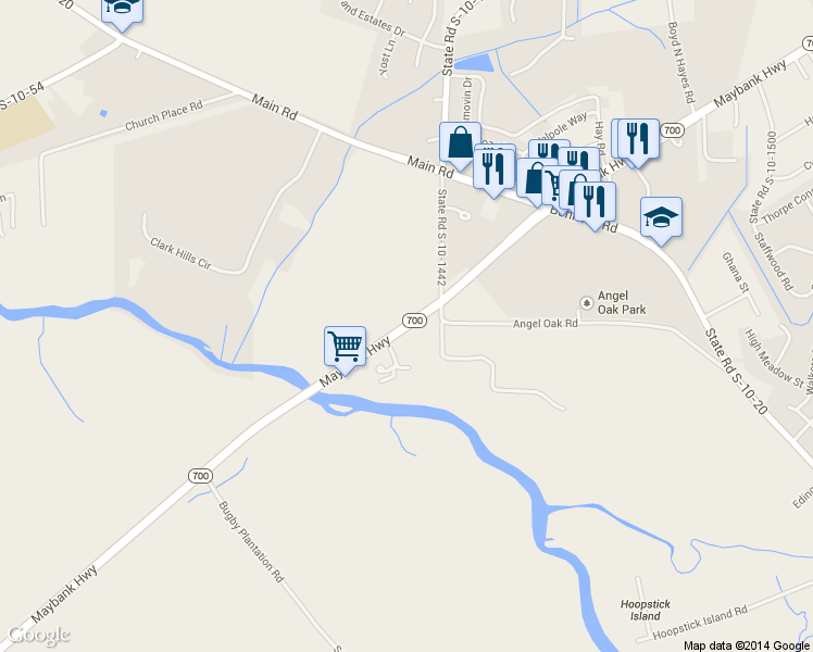map of restaurants, bars, coffee shops, grocery stores, and more near 3745 Maybank Highway in Johns Island