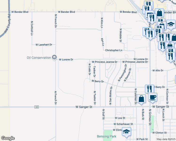 map of restaurants, bars, coffee shops, grocery stores, and more near 1507 North Cobb Drive in Hobbs