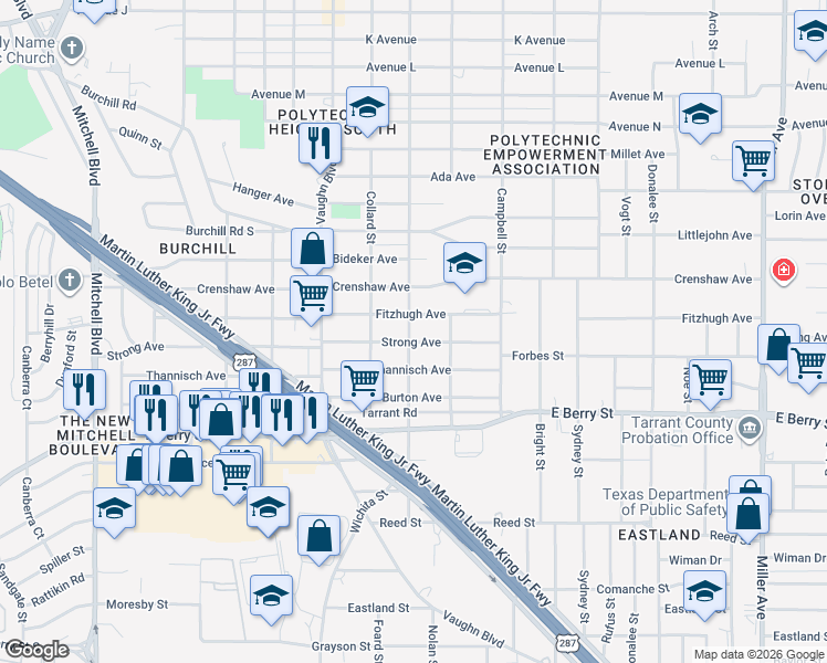 map of restaurants, bars, coffee shops, grocery stores, and more near 3401 Strong Avenue in Fort Worth