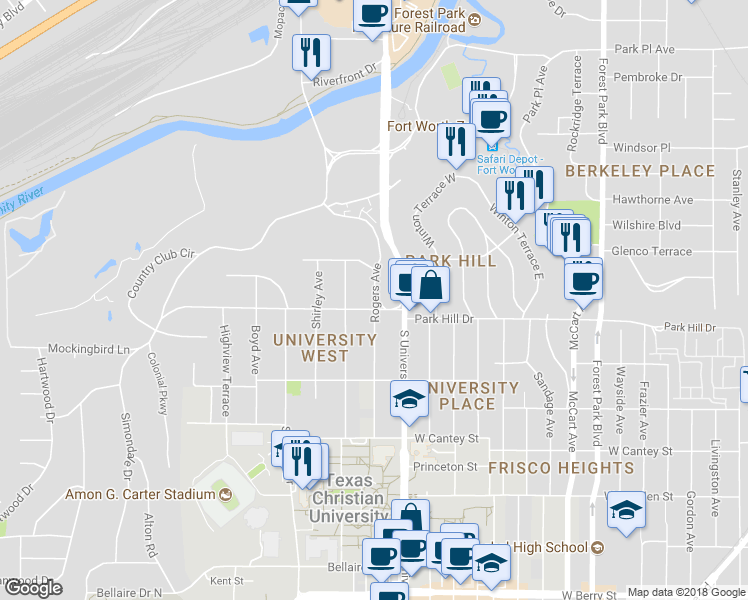 map of restaurants, bars, coffee shops, grocery stores, and more near 2428A Rogers Avenue in Fort Worth