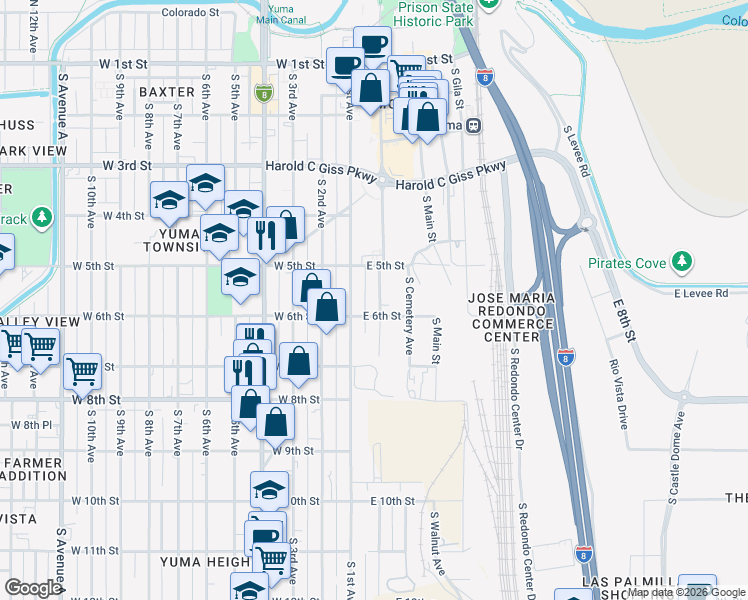 map of restaurants, bars, coffee shops, grocery stores, and more near 575 South Madison Avenue in Yuma