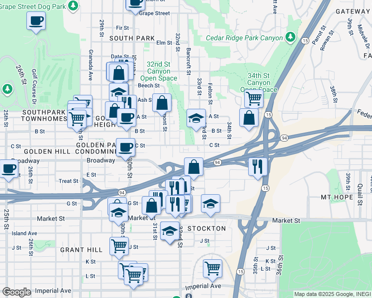 map of restaurants, bars, coffee shops, grocery stores, and more near 1055 32nd Street in San Diego