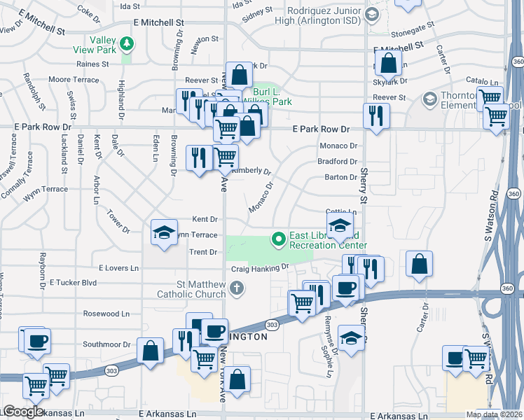 map of restaurants, bars, coffee shops, grocery stores, and more near 1721 Monaco Drive in Arlington