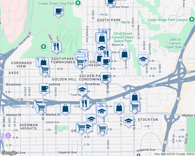 map of restaurants, bars, coffee shops, grocery stores, and more near 2917 C Street in San Diego