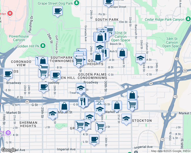 map of restaurants, bars, coffee shops, grocery stores, and more near in San Diego