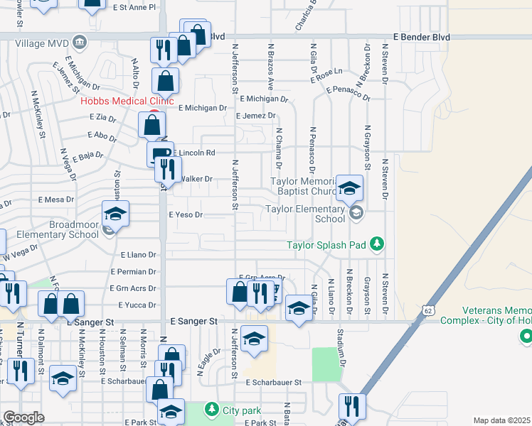map of restaurants, bars, coffee shops, grocery stores, and more near 1219 East Yeso Drive in Hobbs