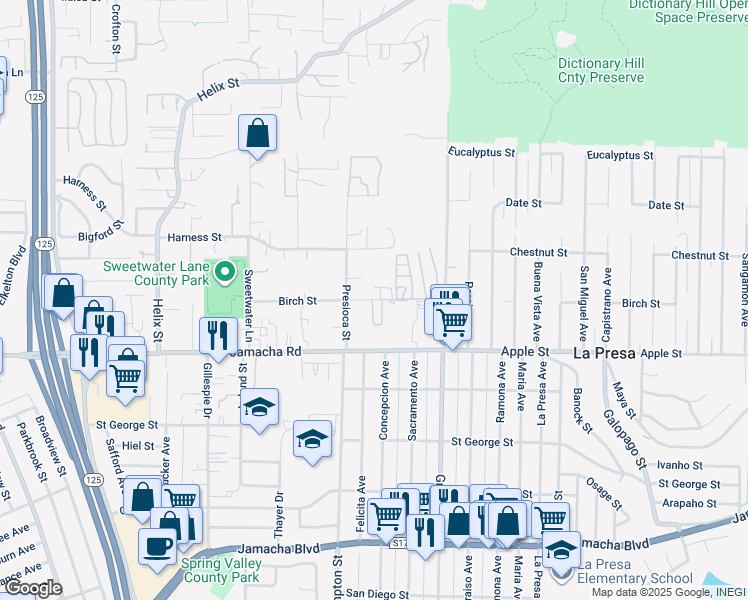 map of restaurants, bars, coffee shops, grocery stores, and more near 9249 Birch Street in Spring Valley