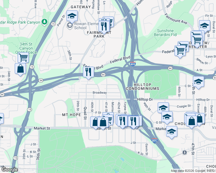 map of restaurants, bars, coffee shops, grocery stores, and more near 1031 41st Street in San Diego