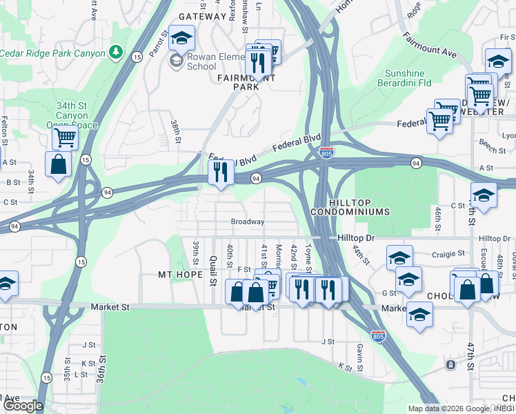 map of restaurants, bars, coffee shops, grocery stores, and more near 1031 41st Street in San Diego