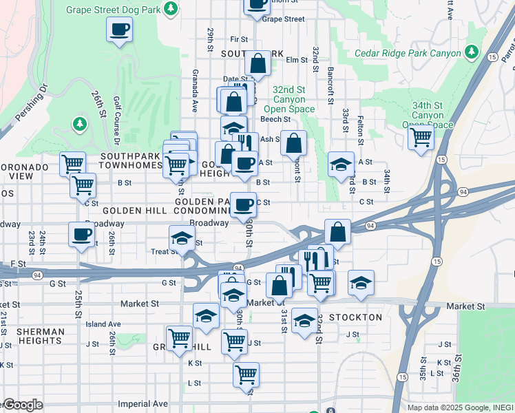 map of restaurants, bars, coffee shops, grocery stores, and more near in San Diego