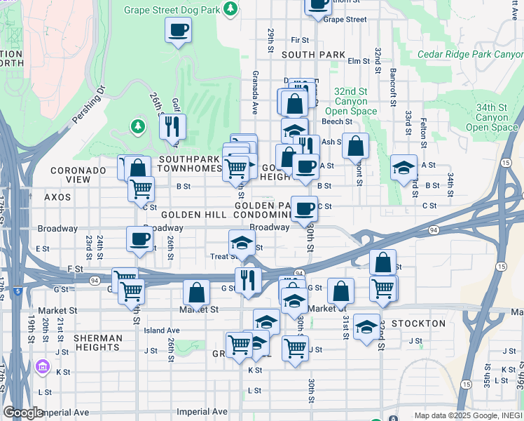map of restaurants, bars, coffee shops, grocery stores, and more near in San Diego