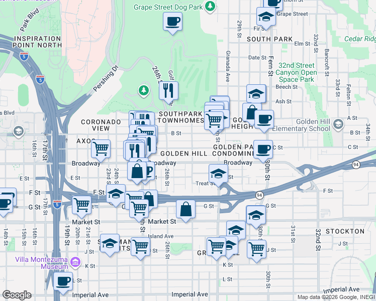 map of restaurants, bars, coffee shops, grocery stores, and more near in San Diego