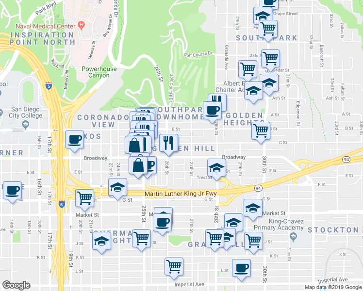 map of restaurants, bars, coffee shops, grocery stores, and more near in San Diego