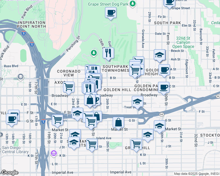 map of restaurants, bars, coffee shops, grocery stores, and more near 1035 26th Street in San Diego