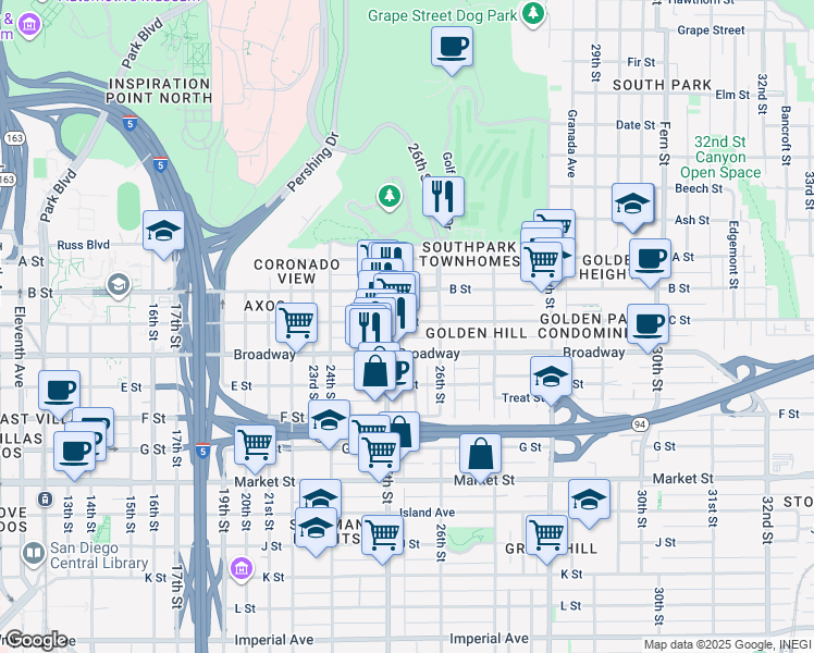 map of restaurants, bars, coffee shops, grocery stores, and more near 2531 C Street in San Diego