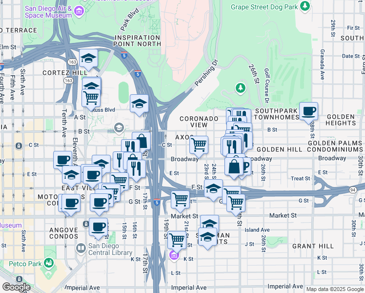 map of restaurants, bars, coffee shops, grocery stores, and more near 1055 20th Street in San Diego