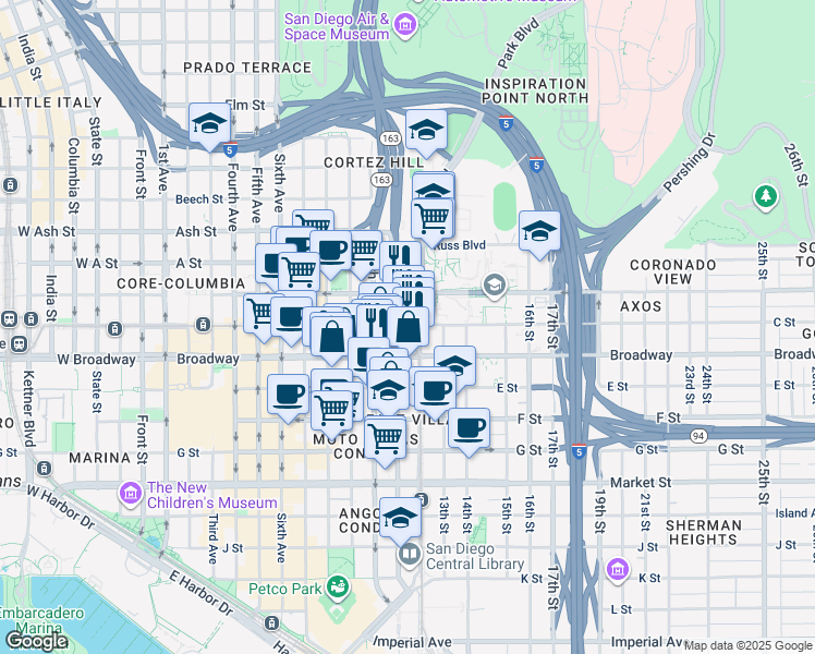 map of restaurants, bars, coffee shops, grocery stores, and more near in San Diego