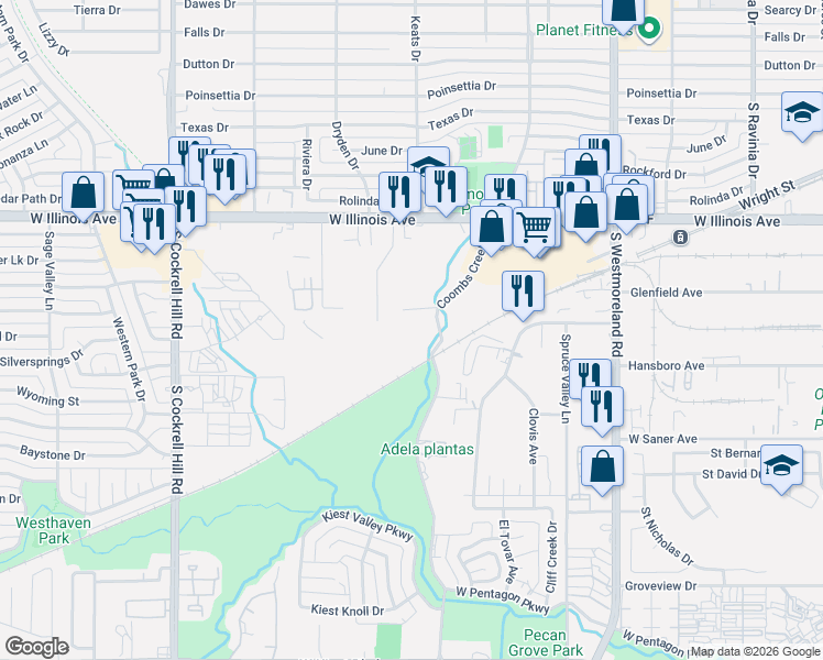 map of restaurants, bars, coffee shops, grocery stores, and more near 2809 Coombs Creek Drive in Dallas