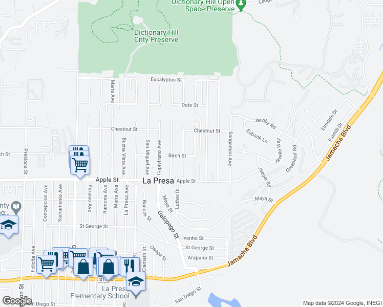 map of restaurants, bars, coffee shops, grocery stores, and more near 9750 Birch Street in Spring Valley