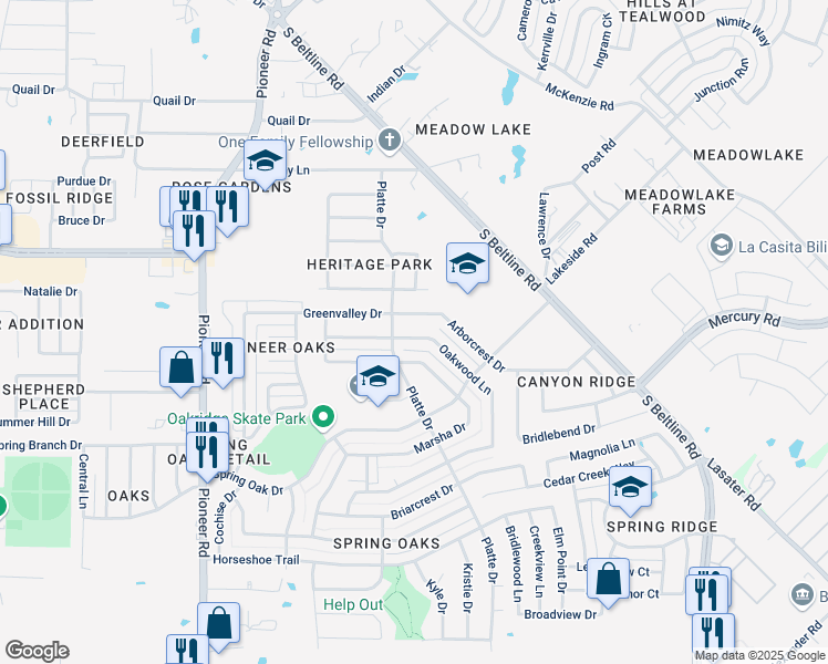 map of restaurants, bars, coffee shops, grocery stores, and more near 14912 Oakwood Lane in Balch Springs