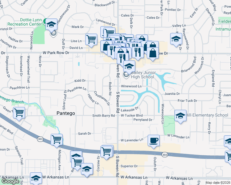 map of restaurants, bars, coffee shops, grocery stores, and more near 2415 Lakeview Circle in Arlington