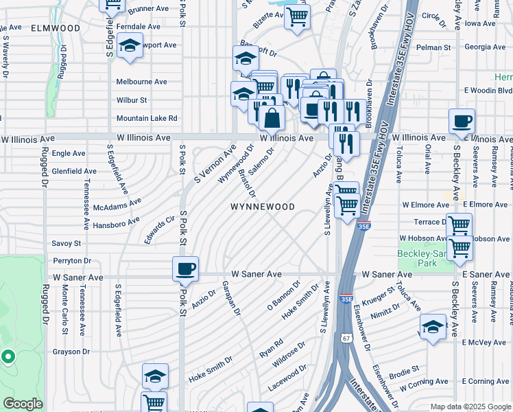 map of restaurants, bars, coffee shops, grocery stores, and more near 2605 Garapan Drive in Dallas