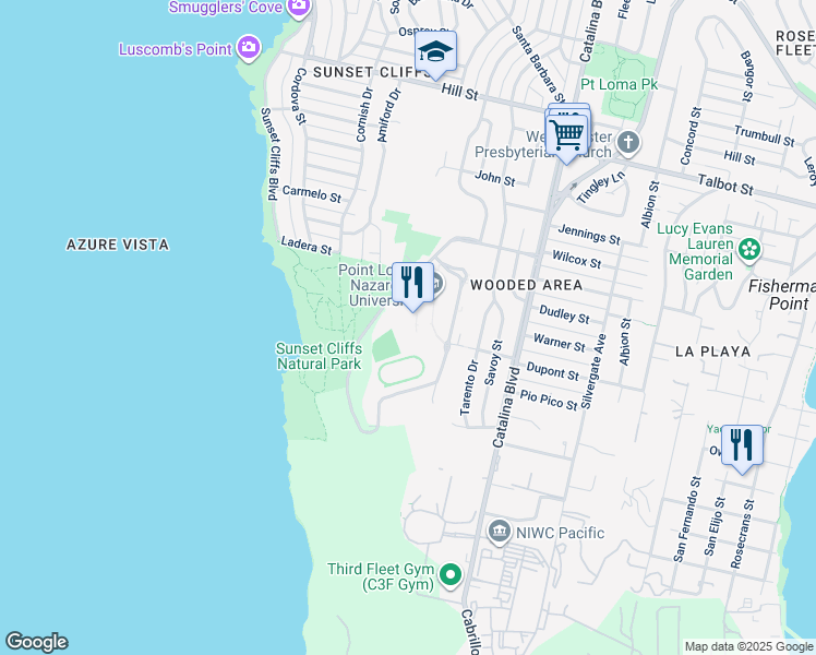 map of restaurants, bars, coffee shops, grocery stores, and more near 3900 Lomaland Drive in San Diego