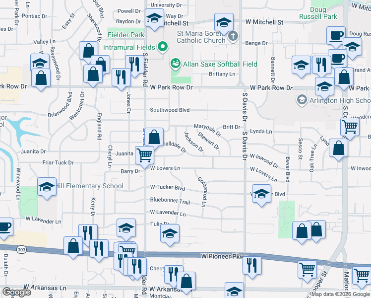 map of restaurants, bars, coffee shops, grocery stores, and more near 1413 Marshalldale Dr in Arlington