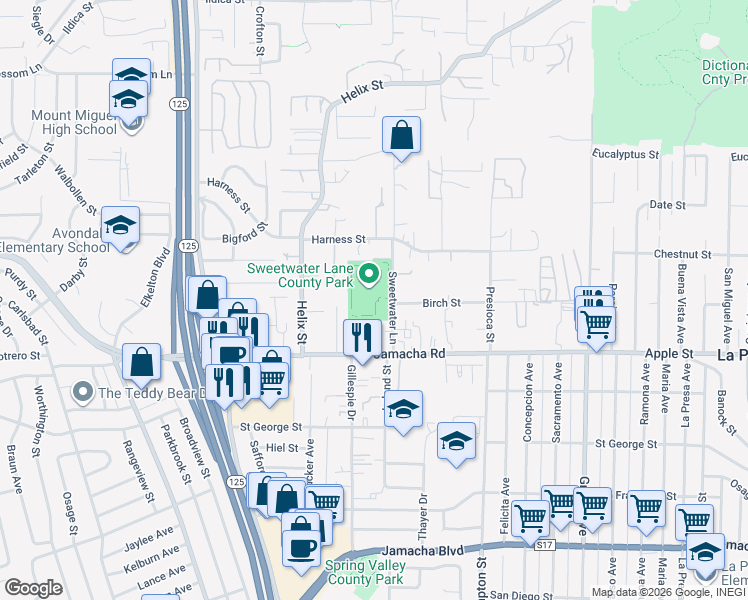 map of restaurants, bars, coffee shops, grocery stores, and more near 1312 Sweetwater Lane in Spring Valley