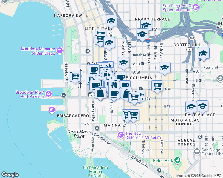 map of restaurants, bars, coffee shops, grocery stores, and more near West C Street in San Diego