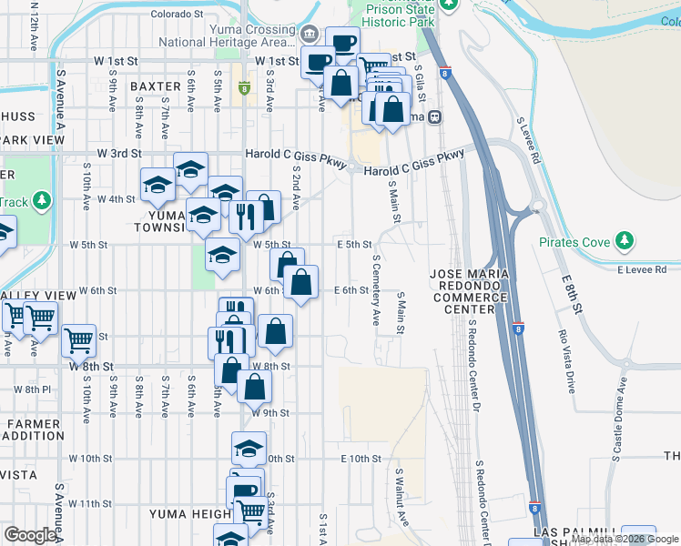 map of restaurants, bars, coffee shops, grocery stores, and more near 575 South Madison Avenue in Yuma