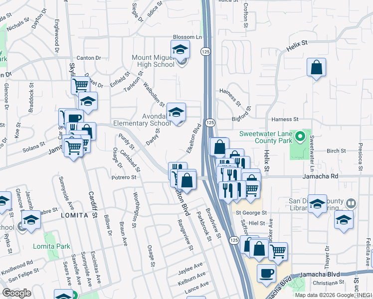 map of restaurants, bars, coffee shops, grocery stores, and more near 8444 Garwood Court in Spring Valley