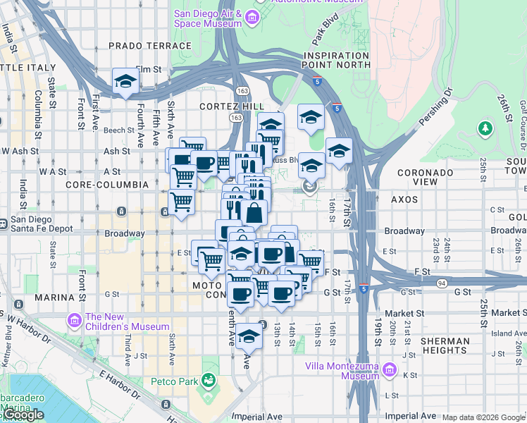 map of restaurants, bars, coffee shops, grocery stores, and more near Park Blvd & C St in San Diego
