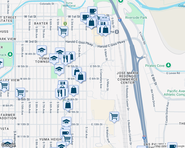 map of restaurants, bars, coffee shops, grocery stores, and more near 575 South Madison Avenue in Yuma