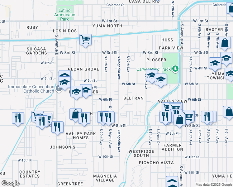 map of restaurants, bars, coffee shops, grocery stores, and more near 566 South Magnolia Avenue in Yuma