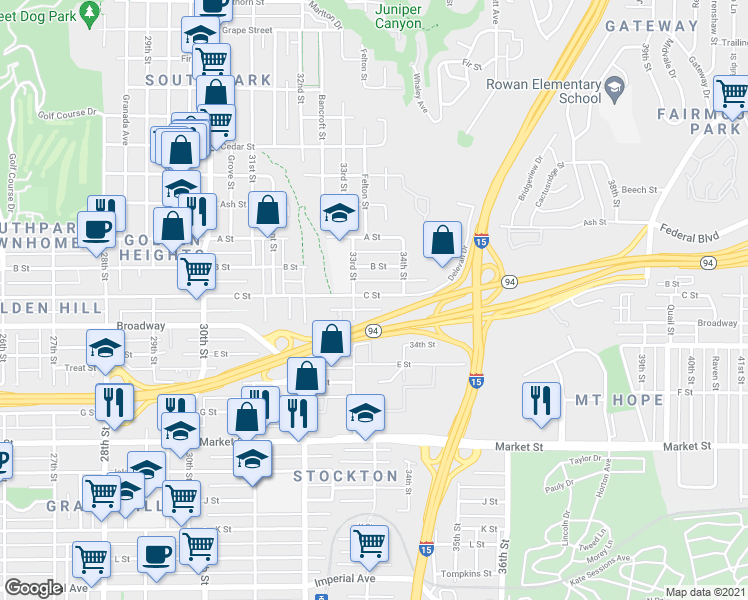 map of restaurants, bars, coffee shops, grocery stores, and more near 1025 33rd Street in San Diego