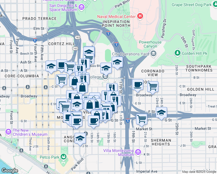 map of restaurants, bars, coffee shops, grocery stores, and more near 1065 15th Street in San Diego