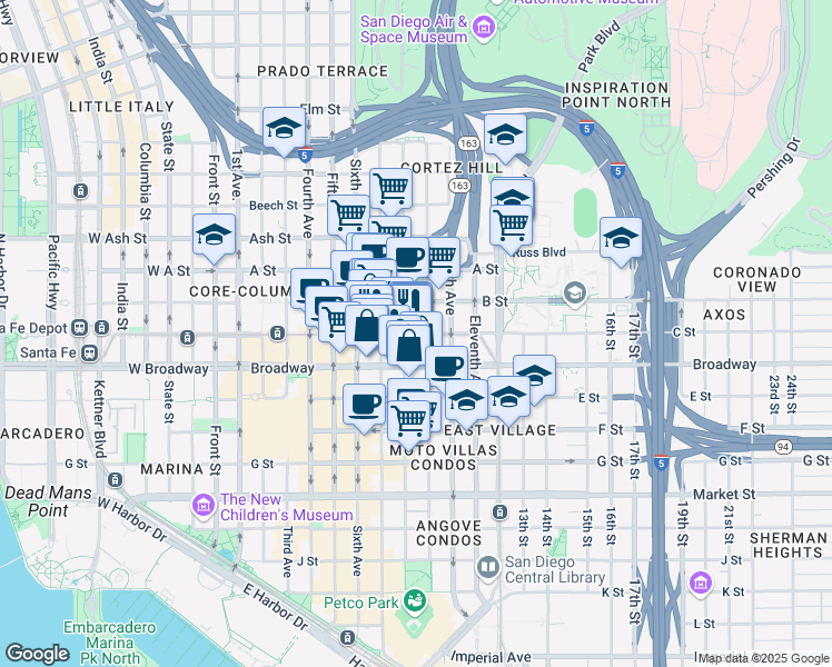 map of restaurants, bars, coffee shops, grocery stores, and more near 1060 Eighth Avenue in San Diego