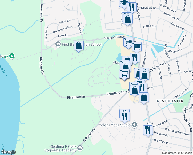 map of restaurants, bars, coffee shops, grocery stores, and more near 1025 Riverland Woods Place in Charleston