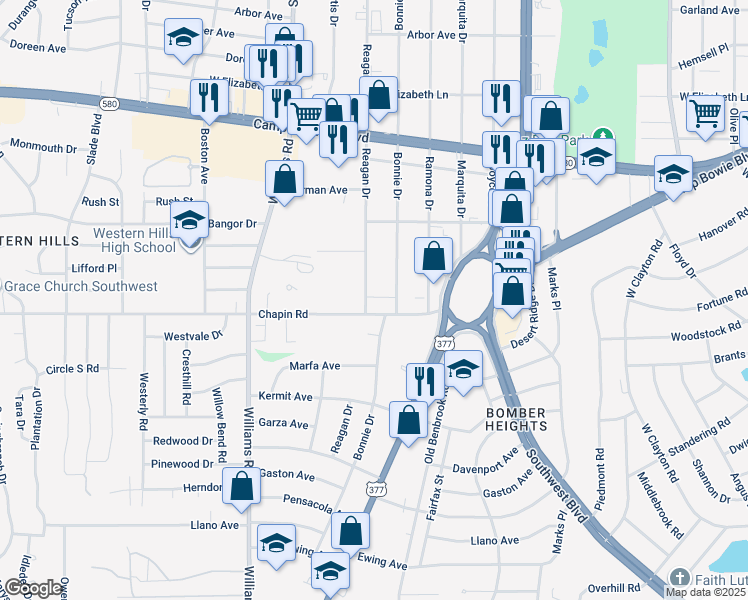 map of restaurants, bars, coffee shops, grocery stores, and more near 3741 Reagan Drive in Fort Worth