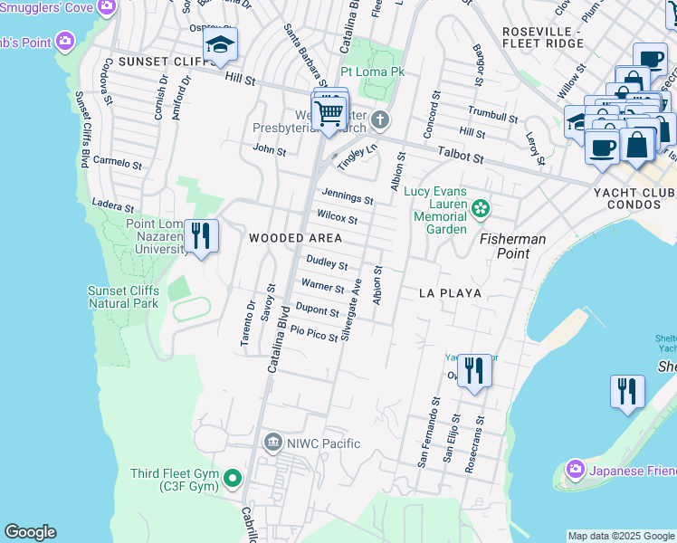 map of restaurants, bars, coffee shops, grocery stores, and more near 3637 Dudley Street in San Diego