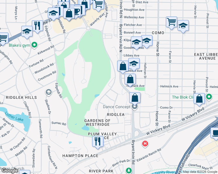 map of restaurants, bars, coffee shops, grocery stores, and more near 4500 Westridge Avenue in Fort Worth