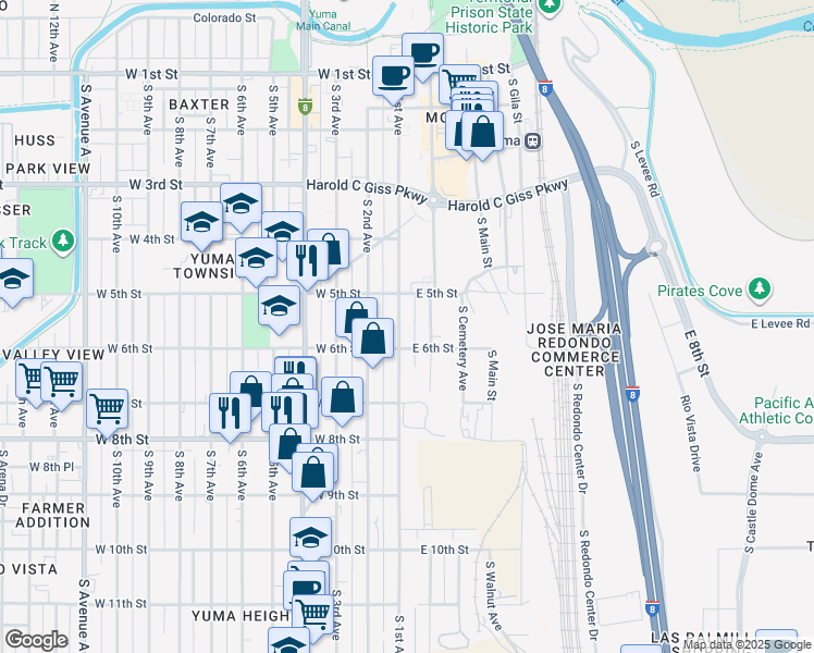 map of restaurants, bars, coffee shops, grocery stores, and more near 563 South 1st Avenue in Yuma