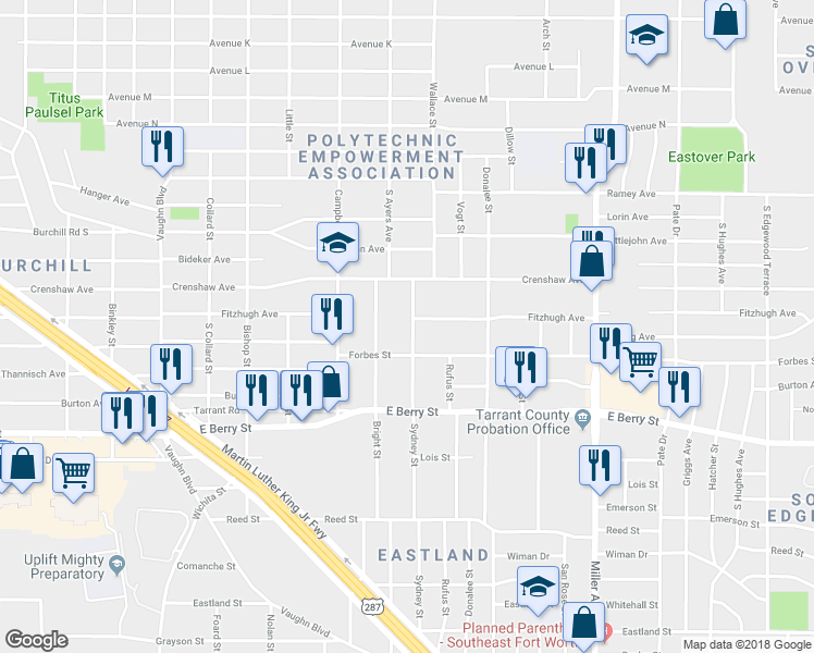 map of restaurants, bars, coffee shops, grocery stores, and more near 3004 Sydney Street in Fort Worth