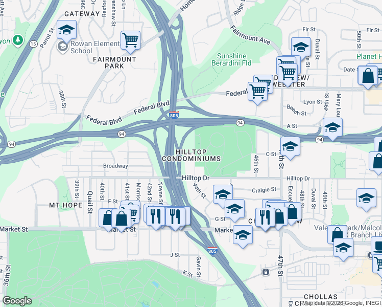 map of restaurants, bars, coffee shops, grocery stores, and more near 1017 44th Street in San Diego